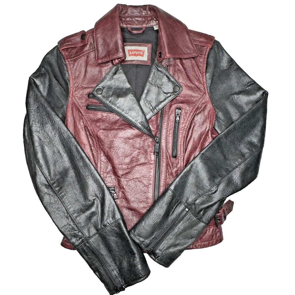 Levis Jacket Womens XS Red Black Leather Moto Biker Asymmetric Zip Punk Grunge